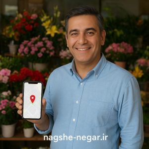 تصویر یک فروشنده گل ایرانی در گل‌فروشی مدرن با گل‌های رنگارنگ، نشان‌دهنده ثبت موفق آدرس در گوگل مپ و نقشه‌های داخلی توسط تیم ثبت لوکیشن نقشه‌نگار (nagshe-negar.ir)