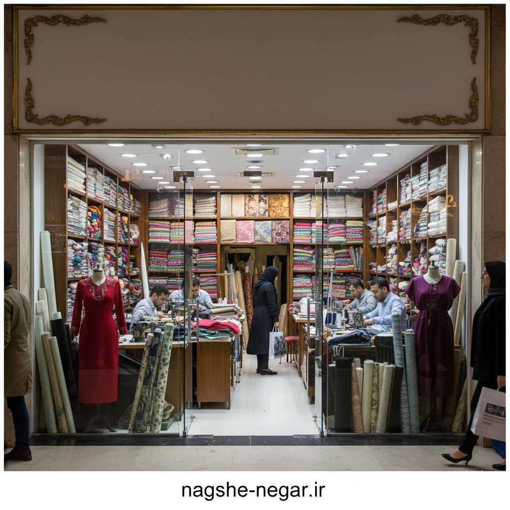 نمای بیرونی یک خیاطی شلوغ در پاساژ تندیس تجریش با مانکن‌های لباس و پارچه‌های رنگارنگ، و آدرس سایت Naghshe-Negar.ir در پایین تصویر.