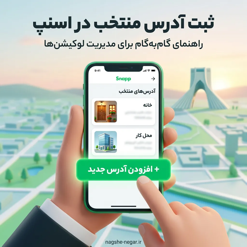 تصویر گرافیکی از یک گوشی موبایل که صفحه ثبت آدرس منتخب در اسنپ را نشان می‌دهد؛ نماد مدیریت و دسترسی سریع به لوکیشن‌های ذخیره‌شده مانند خانه و محل کار.