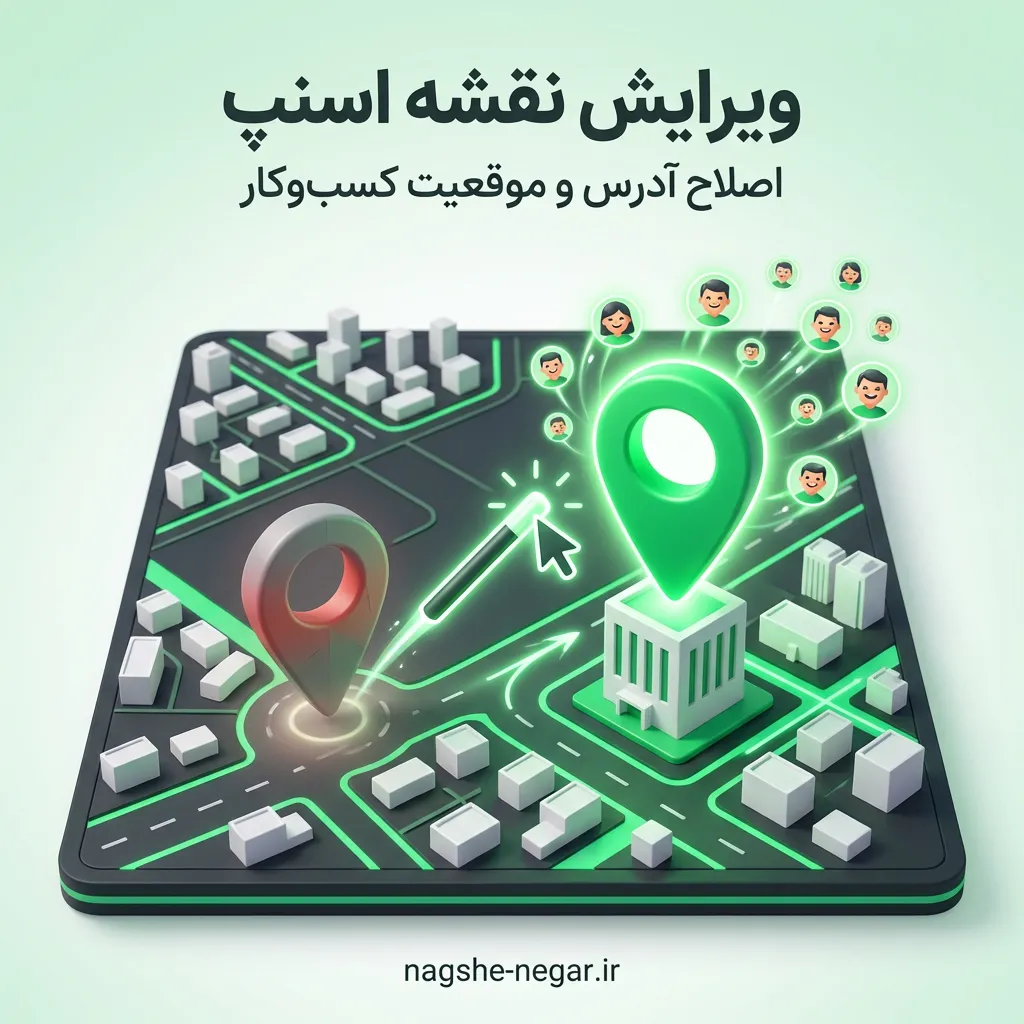 تصویر گرافیکی از فرآیند ویرایش نقشه اسنپ؛ یک پین لوکیشن اشتباه در حال اصلاح به یک پین صحیح روی نقشه است که نماد جذب مشتری بیشتر می‌باشد.