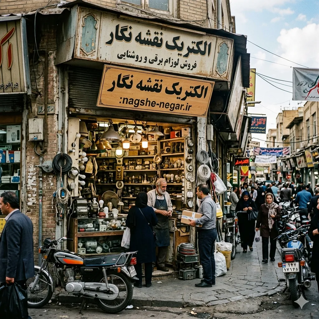 مغازه شلوغ و قدیمی لوازم الکتریکی در خیابان لاله‌زار تهران